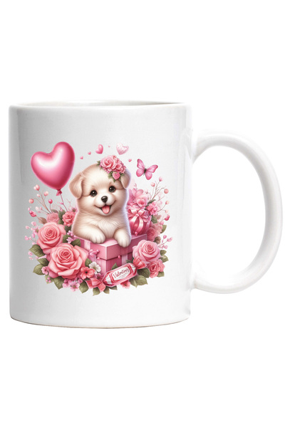 StoryGift Romania Cana cu un catel vesel | jucaus | alb | trandafiri | flutur...