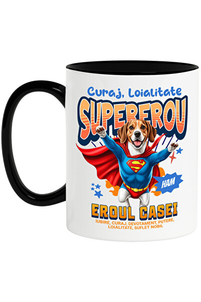StoryGift Romania Cana cu beagle Caine In Costum de SuperMan cu Pelerina, Erou Nocturn, Desene ani, Cu Maner Negru