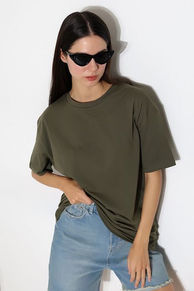 Endies Oversize Crew Neck 100% βαμβακερό χτενισμένο βαμβακερό συμπαγές βασικό μπλουζάκι 21752 KHAKI