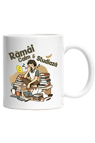 StoryGift Romania Cana ramai calm si studiaza student obosit scoala, 330ml, Ceramic cu Maner Alb, Cu Maner Alb