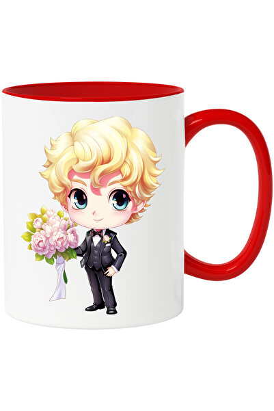 StoryGift Romania Cana cu un baiat vesel la costum | ilustratie | nunta | eveniment special | buch, Cu Maner Rosu