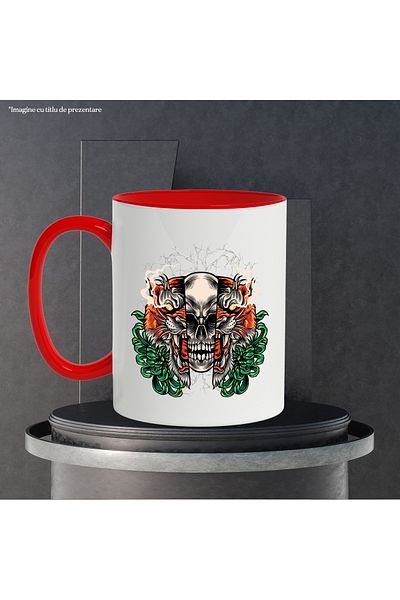 StoryGift Romania Mug With Skull, Tiger, Flowers, Lightning, Smoke, Fangs, Multicolor 330 ml, Ceramic with, With