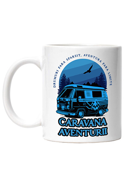 StoryGift Romania Cana caravana aventurii rulota in padure vacanta, 330ml, Ceramic cu Maner Alb, Cu Maner Alb