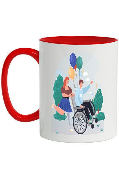 StoryGift Romania Cana Cu Baloane, Scaun Cu Rotile, Proteza, Natura, Multicolor 330 ml, Cermaica c, Cu Maner Rosu