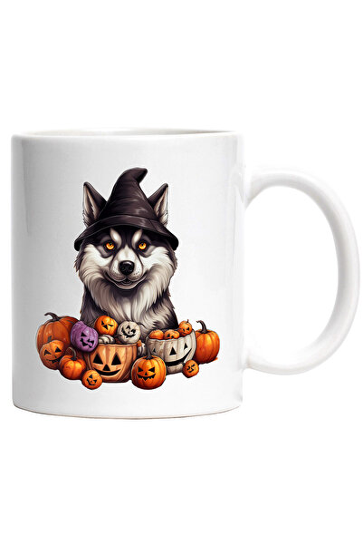 StoryGift Romania Cana cu un caine Malamut de Alaska care se uita bizar | ilustratie | dovleci dec, Cu Maner Alb