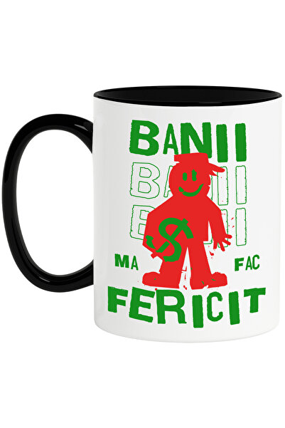 StoryGift Romania Cana banii ma fac fericit silueta om simbol dolar, 330ml, Ceramica cu Maner Negr, Cu Maner Negru