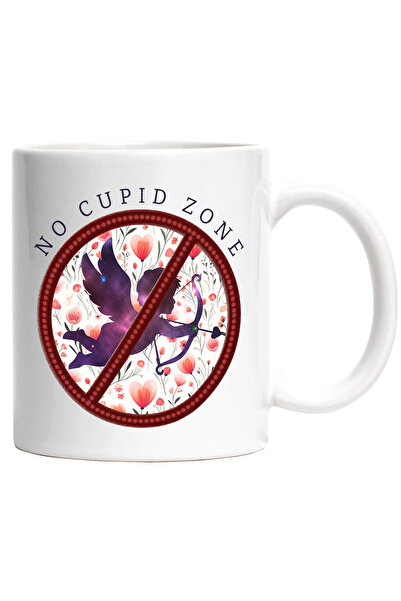 StoryGift Romania Cana cu mesajul "No Cupid Zone, ingerasul Cupidon, semn de stop/interzis, floric, Cu Maner Alb