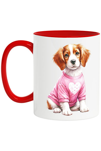 StoryGift Romania Cana cu un catel imbracat cu o bluza | ilustratie | roz | inimioara | serios | g, Cu Maner Rosu