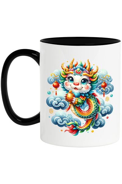 StoryGift Romania Cana cu un dragon chinezesc, ilustratie, anul dragonului, nou, decoratiuni, bucu, Cu Maner Negru