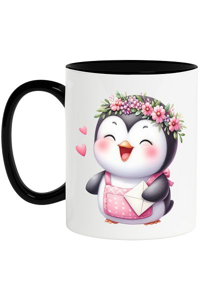 StoryGift Romania Mug with a cheerful penguin, illustration, envelope, letter, joy, wreath made of flo, With,STG