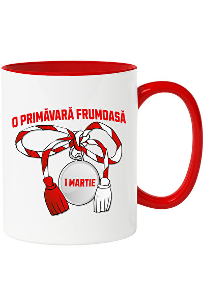 StoryGift Romania Cana o primavara frumoasa snur martisor cu noroc, 330ml, Ceramic cu Maner Rosu, Cu Maner Rosu