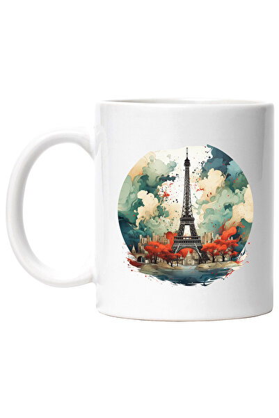 StoryGift Romania Cana Cu Monument: Turnul Eiffel, Copaci, Cer, Nori, Oras, Multicolor 330 ml, Cer, Cu Maner Alb