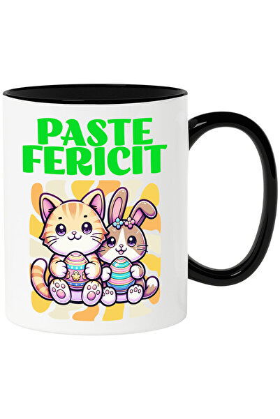 StoryGift Romania Cana cu Pisica portocalie Si Iepure Cu Oua Colorate Pascal Text Paste Fericit, C, Cu Maner Negru