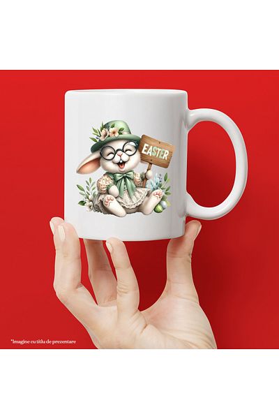 StoryGift Romania Cana cu o iepuroaica in rochita, ilustratie, Paste, plante, floricele, palarie, , Cu Maner Alb