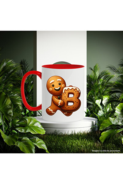 StoryGift Romania Mug with a gingerbread man holding the letter "B" | illustration | school | d, With Red Handle