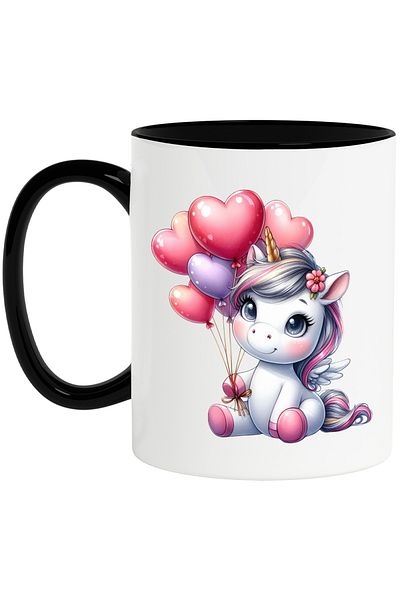 StoryGift Romania Mug with a unicorn holding heart-shaped balloons, illustration, love, , With ,STG