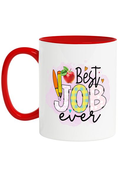 StoryGift Romania Cana cu mesajul "Best job ever", ilustratie, pentru copii, scoala, elev, mar, ce, Cu Maner Rosu