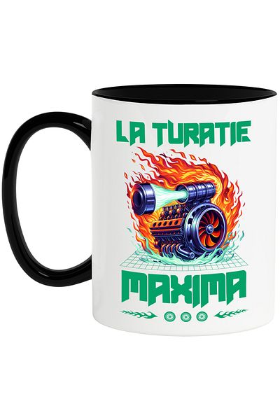 StoryGift Romania Cana la turatie maxima motor in flacari masina viteza, 330ml, Ceramica cu Maner , Cu Maner Negru
