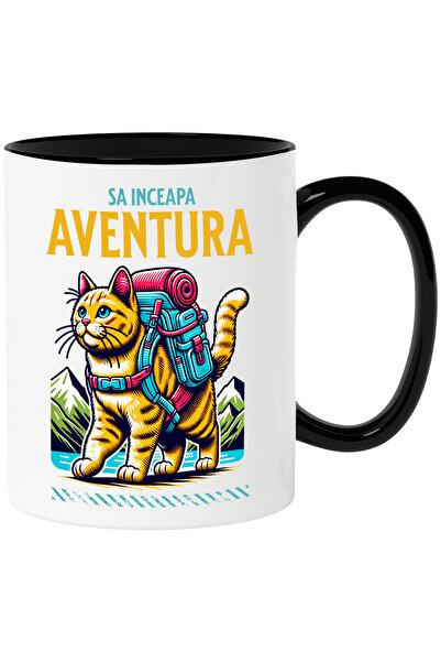 StoryGift Romania Cana cu Pisica Gata De Aventura Text Sa Inceapa Aventura Munte, Natura, Lac, Cer, Cu Maner Negru