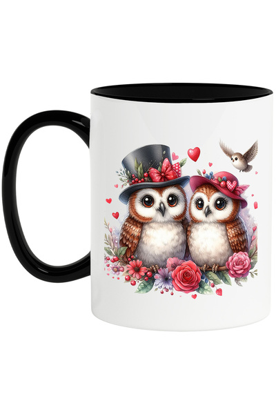 StoryGift Romania Cana cu bufnite, ilustratie, palarii, floricele, iubire, ap...