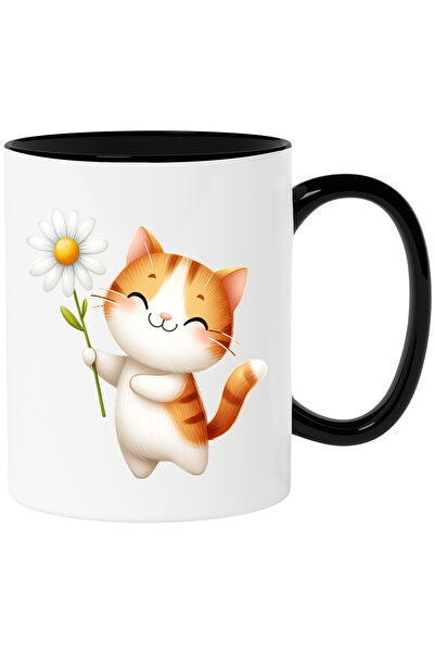 StoryGift Romania Cana cu o pisicuta vesela care tine o floare alba | ilustra...