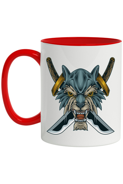 StoryGift Romania Cana Cu Lup, Masca, Sabie, Katana, Asiatic, Blazon, Multicolor 330 ml, Ceramica , Cu Maner Rosu