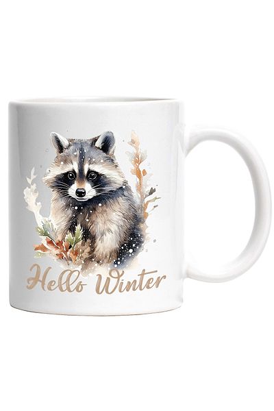 StoryGift Romania Cana cu raton cu mesajul "Hello Winter", salut, buna, Craciun fericit, ilustrati, Cu Maner Alb