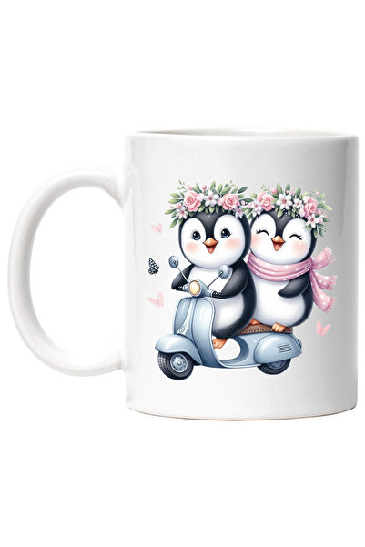 StoryGift Romania Cana cu 2 pinguini care se plimba cu scuterul, ilustratie, ...