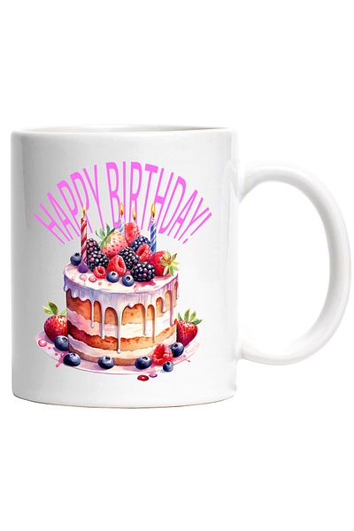 StoryGift Romania Cana Cu Mesaj In Engleza Happy Birthday, Tort, Lumanari, Fructe, Multicolor 330 , Cu Maner Alb