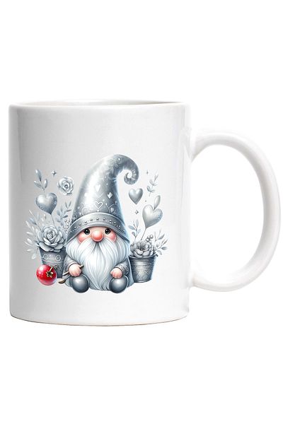 StoryGift Romania Cana cu un pitic | ilustratie | barba lunga alba | flori | inimi | din povesti |, Cu Maner Alb