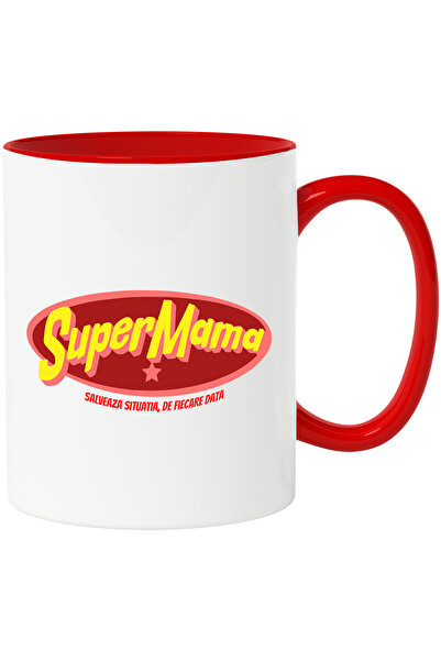 StoryGift Romania Cana Super mama eroul familiei mommy mom, 330ml, Ceramic cu Maner Rosu, Cu Maner Rosu