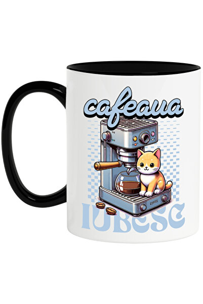 StoryGift Romania Cana Pisica pe aparat de cafea iubesc cafeaua, 330ml, Ceram...