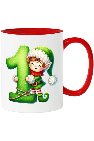StoryGift Romania Mug with a goblin standing next to the number "1" | cheerful | for children | students | , With Red Handle
