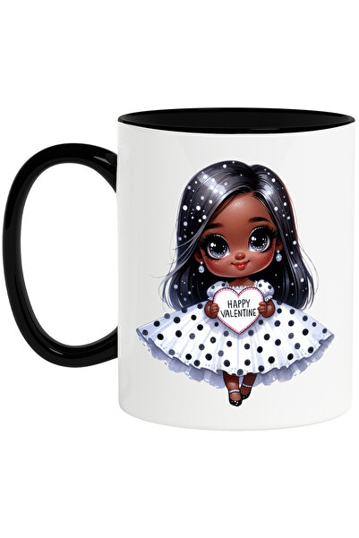 StoryGift Romania Cana cu o fetita de culoare care tine o inimioara pe care scrie "Happy Valentine, Cu Maner Negru