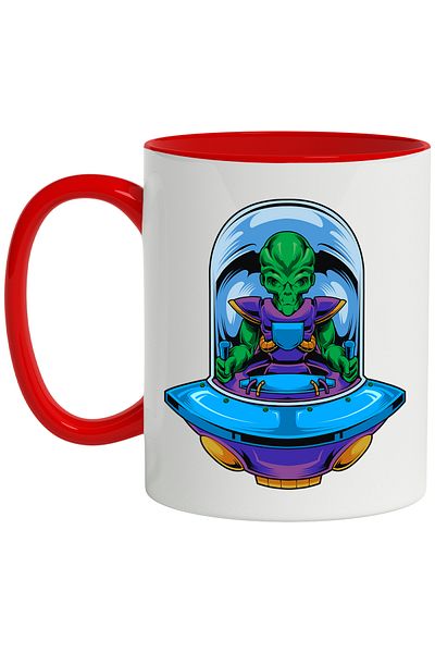StoryGift Romania Spaceship Mug, UFO, Alien, Costume, Space, SF, Multicolor 330 ml, With Red Handle