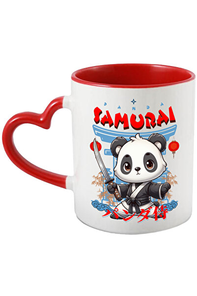 StoryGift Romania Κούπα Πάντα Σαμουράι, 330ml, Κεραμική με κόκκινη λαβή καρδι...