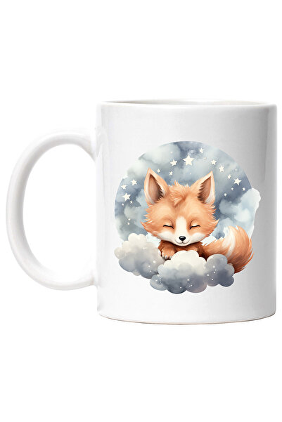 StoryGift Romania Cana cu o vulpita care doarme | ilustratie | noapte | norisori | luna | stelute , Cu Maner Alb