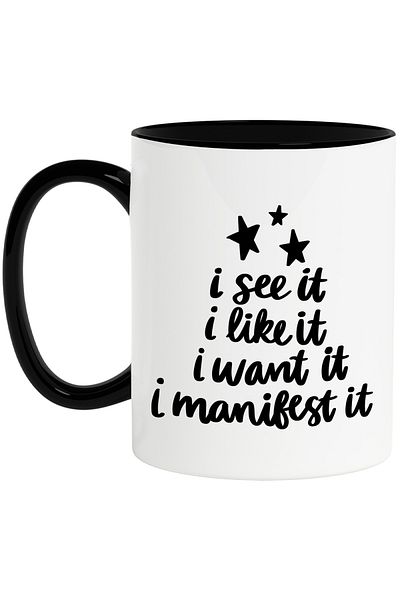 StoryGift Romania Cana cu stelute si cu mesajul in engleza "I see it, I like it, I want it, I mani, Cu Maner Negru