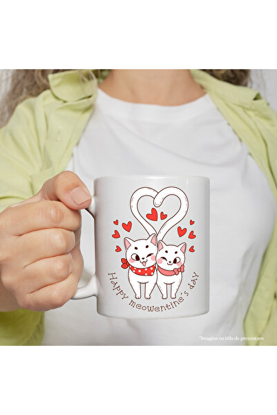 StoryGift Romania Cana cu 2 pisici care se iubesc cu mesajul "Happy meowentine's day", inimioare, , Cu Maner Alb