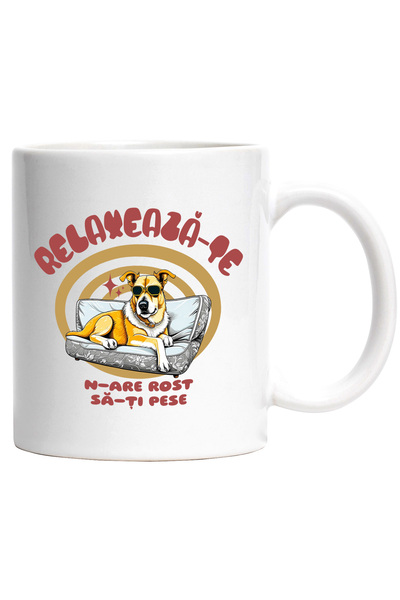 StoryGift Romania Cana Caine cu ochelari, relaxat pe canapea , 330ml, Ceramic cu Maner Alb, Cu Maner Alb