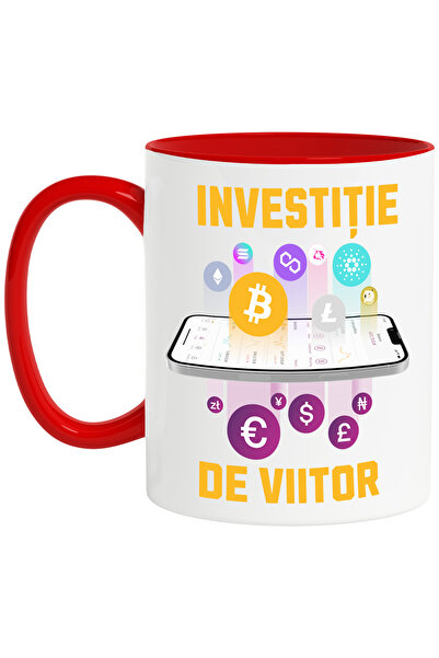 StoryGift Romania Cana cu Telefon cu criptomonede Bitcoin, text investitie de...