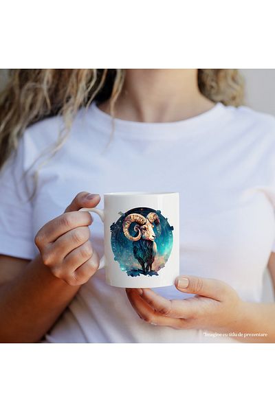 StoryGift Romania Cana cu un berbec serios | ilustratie | cerc | cer instelat | galaxie | arta abs, Cu Maner Alb