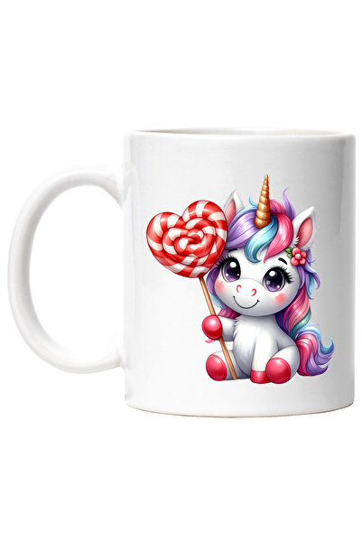 StoryGift Romania Cana cu un unicorn vesel, ilustratie, tine o acadea, imbujorata, dulciuri, pentr, Cu Maner Alb