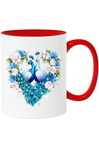 StoryGift Romania Cana cu o paunita si un paun | ilustratie | forma de iinima | flori | apreciere , Cu Maner Rosu