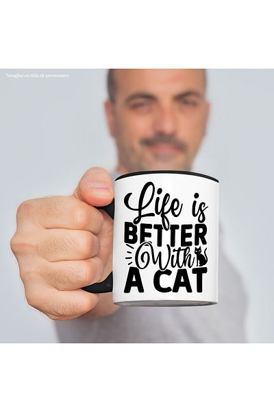 StoryGift Romania Cana cu textul "Life is better with a cat" - viata e mai buna cu o pisica cu Man, Cu Maner Negru