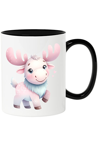 StoryGift Romania Cana cu un ren vesel | coarne | inimi | fericire | animal salbatic | natura | li, Cu Maner Negru