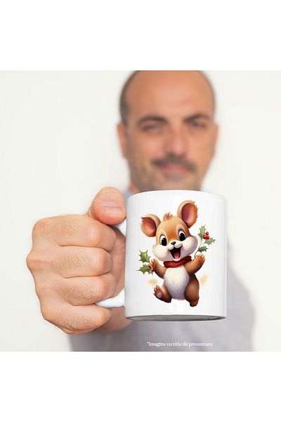 StoryGift Romania Cana cu un animalut vesel | ilustratie | natura | vasc | fular | iarna | frig | , Cu Maner Alb