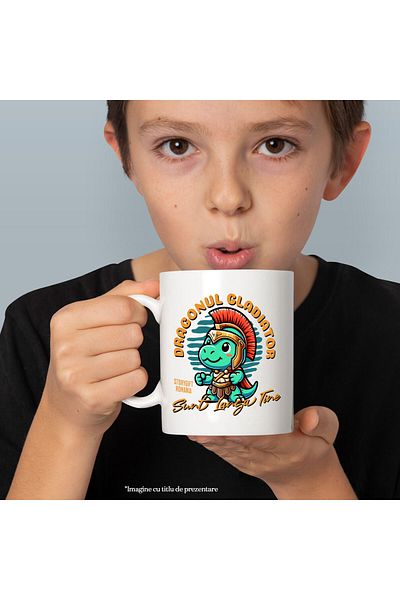 StoryGift Romania Cana cu Dragon Cu arumra Si Capa De Gladiator Text Sunt Langa Tine Copii Desene , Cu Maner Alb