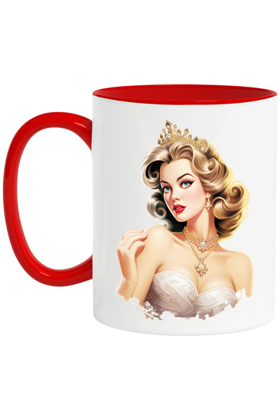 StoryGift Romania Cana cu o femeie frumoasa | ilustratie | regina | coronita | rochie alba | bijut, Cu Maner Rosu