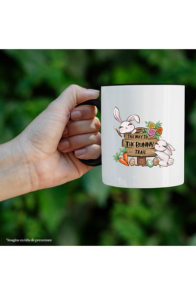 StoryGift Romania Cana cu 2 iepurasi veseli cu mesajul "This way to the bunny trail", Paste ferici, Cu Maner Negru